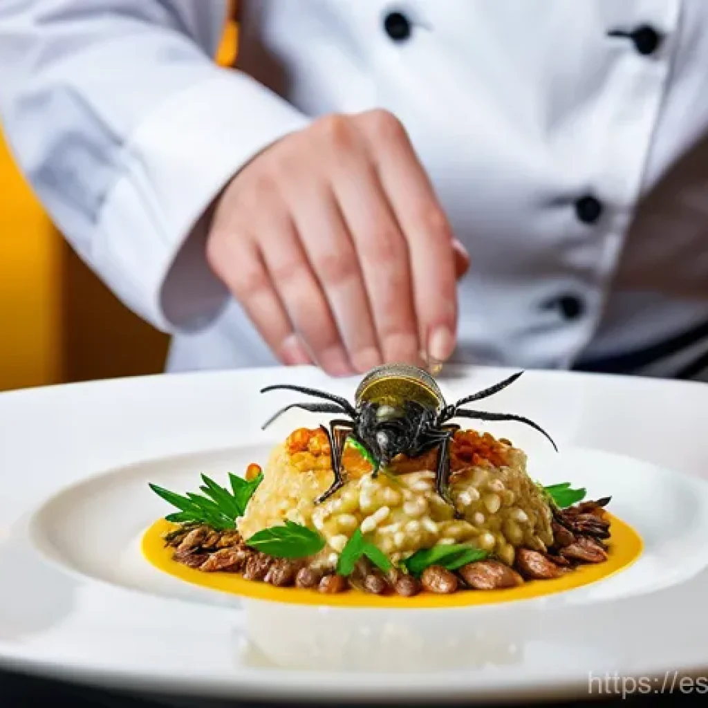 식용 곤충을 활용한 다양한 레시피 - **Prompt:** A highly detailed, realistic photograph of a gourmet dish featuring edible insects, pres...