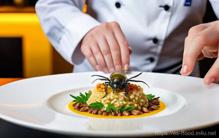 식용 곤충을 활용한 다양한 레시피 - **Prompt:** A highly detailed, realistic photograph of a gourmet dish featuring edible insects, pres...