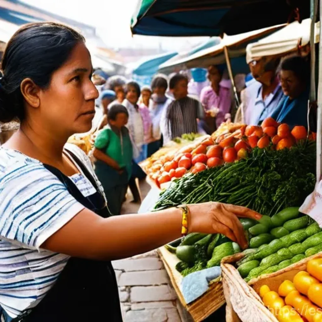 세계 식량 안보 위기 - **Prompt:** A bustling, vibrant outdoor market in a typical Latin American city. The scene is filled...