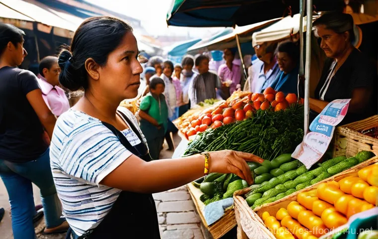 세계 식량 안보 위기 - **Prompt:** A bustling, vibrant outdoor market in a typical Latin American city. The scene is filled...