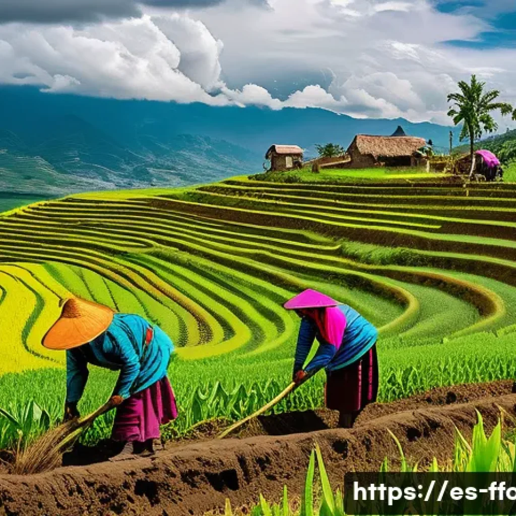식량 안보와 국제 무역 정책 - A vibrant Latin American rural farming scene showing small-scale farmers in colorful traditional clo...