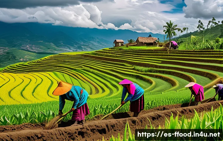 식량 안보와 국제 무역 정책 - A vibrant Latin American rural farming scene showing small-scale farmers in colorful traditional clo...
