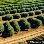 식량 생산에서의 탄소 배출 감축 - A modern agricultural farm in Spain showcasing advanced technology: vibrant fields of olive trees wi...