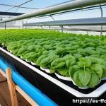 수경재배와 아쿠아포닉스 비교 - A modern urban aquaponic system set up on a rooftop garden in a Spanish city, featuring lush green l...