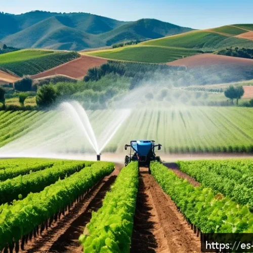 세계 식량 수요 예측 - A modern precision farming scene in a sunny Spanish rural landscape, featuring advanced AI-driven ir...