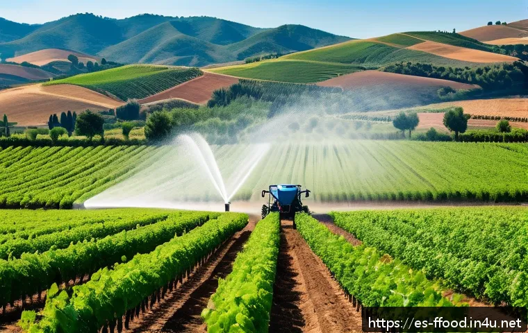 세계 식량 수요 예측 - A modern precision farming scene in a sunny Spanish rural landscape, featuring advanced AI-driven ir...