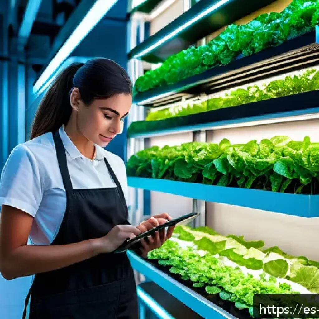 미래식량 혁신 기술 - A modern urban vertical farm inside a sleek high-rise building in a bustling Spanish city, featuring...