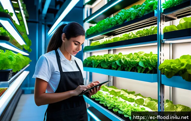 미래식량 혁신 기술 - A modern urban vertical farm inside a sleek high-rise building in a bustling Spanish city, featuring...