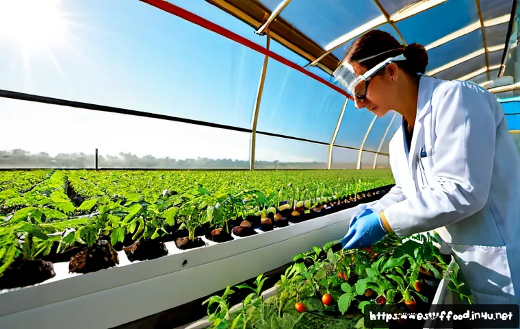 미래식량 생산을 위한 연구 개발 - Photorealistic agricultural research laboratory in Valencia, Spain, scientists in clean white lab co...