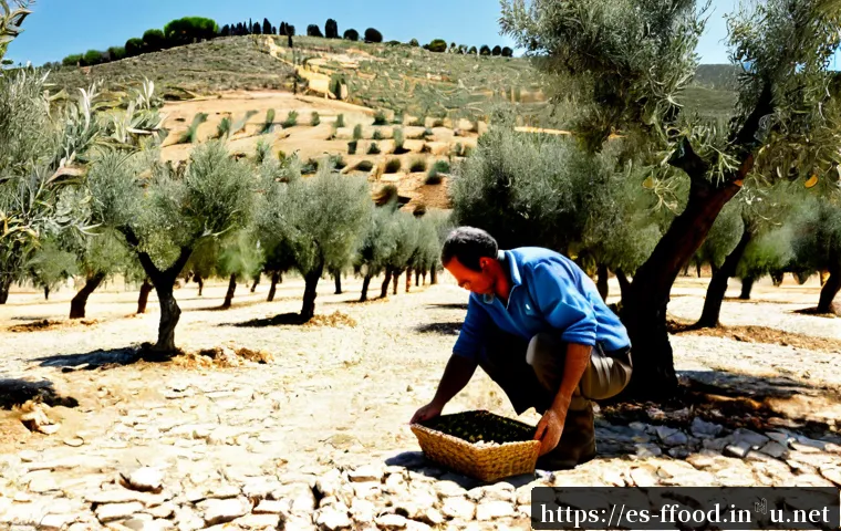 기후 변화의 식량 안보 영향 - Photorealistic wide view of a drought-stricken olive grove in southern Spain, cracked soil and stres...